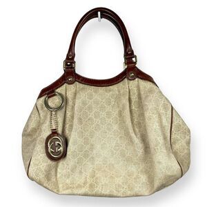 GUCCI GG Canvas Beige Monogream Diamante Sukey Boston Shoulder Tote Bag